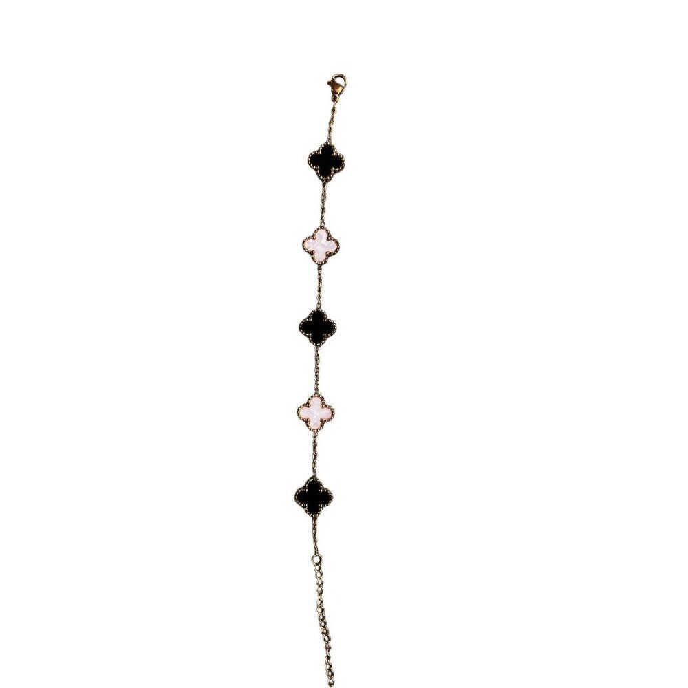 WOMENS PLATED GOLD BLACK/ WHITE CLOVER IRISH SHAMROCK STAINLESS STEEL BRACELET,